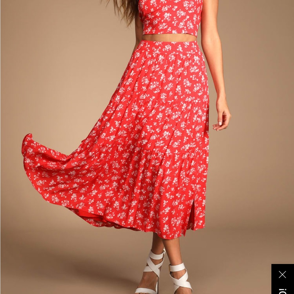 Lulus Red floral midi skirt size small fairy cottage preppy